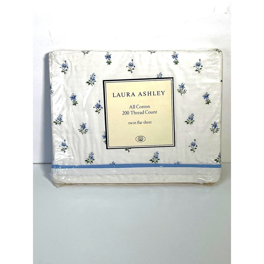 Vtg Laura Ashley Emilie Twin Flat Sheet Blue Yellow Floral Cotton Deadstock NIP